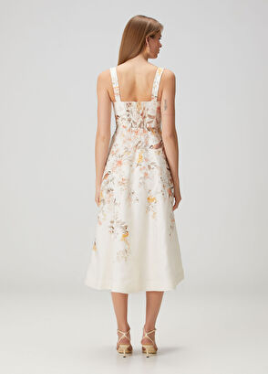 Beyaz Çiçekli Midi Keten Elbise - Görsel 5