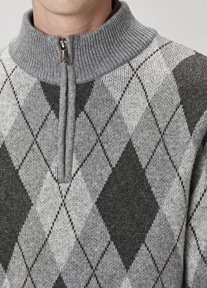 Beymen Club Grey Zipper Diamond Patterned Wool Sweater - 6