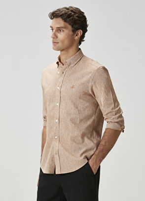 Beymen Club Comfort Fit Açık Kahverengi Keten Gömlek - 3