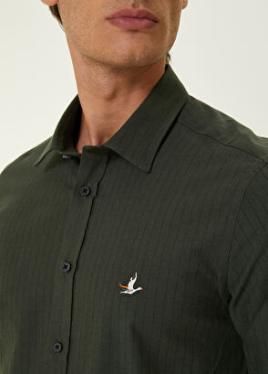 Beymen Club Slim Fit Haki İnce Çizgili Flanel Gömlek - 5