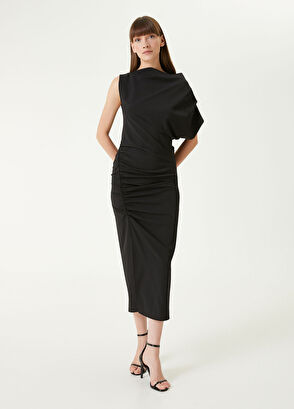Academia Siyah Asimetrik Midi Elbise - 3