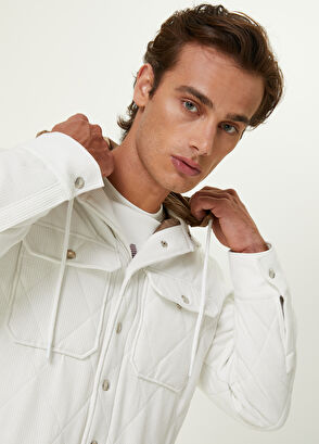 Beymen Club Beyaz Kapüşonlu Kapitoneli Kadife Dış Gömlek - 8