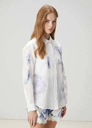 Beymen Club Beyaz Şal Desenli Keten Gömlek - 4