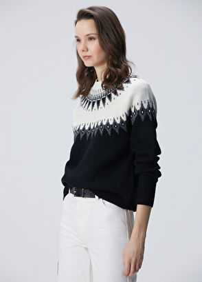 Network Siyah Desenli Yün Karışımlı Kazak - 4