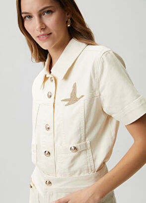 Beymen Club Ecru Crystal Appliqué Denim Jacket - 3