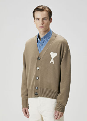 Ami Paris Beige Logo Jacquard Wool Knit Cardigan - 4