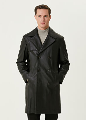 Beymen Club Black Double-Breasted Leather Overcoat - 4