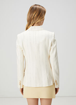 Beymen Club Ekru Çizgili Kruvaze Blazer - 5