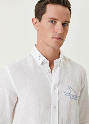 Beymen Club Comfort Fit Fish Sail Embroidered Linen Shirt - 7