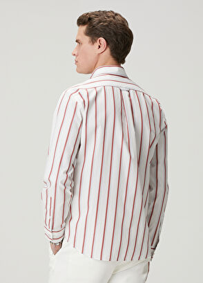 Beymen Club Comfort Fit Beyaz Bordo Çizgi Desenli Keten Gömlek - 7