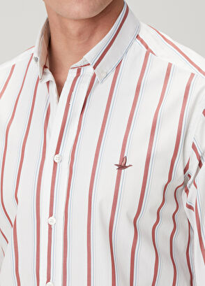 Beymen Club Comfort Fit Beyaz Bordo Çizgi Desenli Keten Gömlek - 8