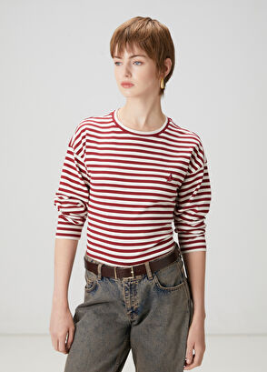 Beymen Club Burgundy White Striped Basic Sweatshirt - 4