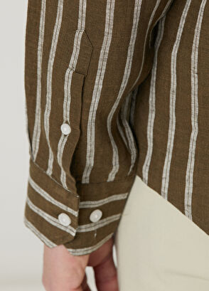 Beymen Club Comfort Fit Khaki Stripe Print Linen Shirt - 8