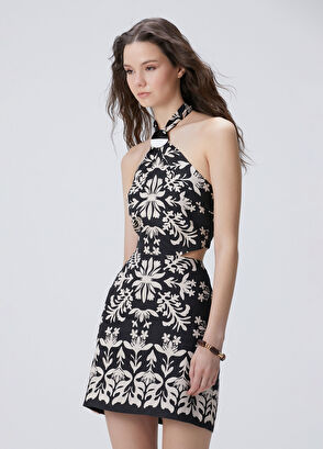 Network Siyah Beyaz Mini Keten Elbise - 4