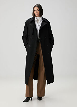 Siyah Kemer Detaylı Yün Palto - Görsel 5