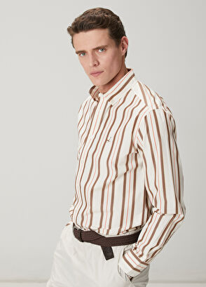 Beymen Club Comfort Fit Bej Kahverengi Çizgi Desenli Gömlek - 9