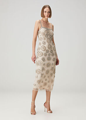 Şampanya İşlemeli Midi Kokteyl Elbise - Görsel 4