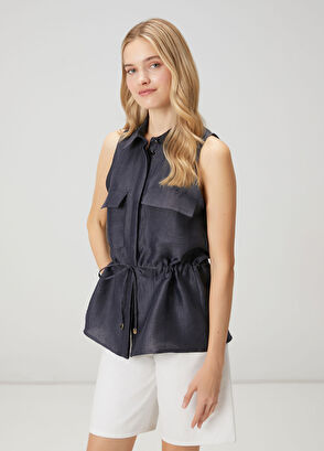 Beymen Club Navy Blue Shiny Linen Vest With Gathered Waist - 4
