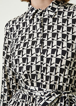 Beymen Club Siyah Beyaz Kaz Desenli Midi İpek Gömlek Elbise - 5