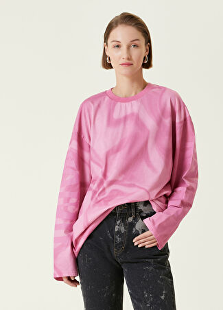 Rotate Casual Kadın Oversized Pembe Desenli Uzun Kol T-Shirt S