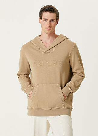 Balmain Erkek Relaxed Fit Bej Kapüşonlu Logo Nakışlı Sweatshirt L