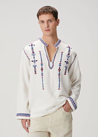 Marant Erkek Kırık Beyaz Etnik Desen Nakışlı Gömlek M