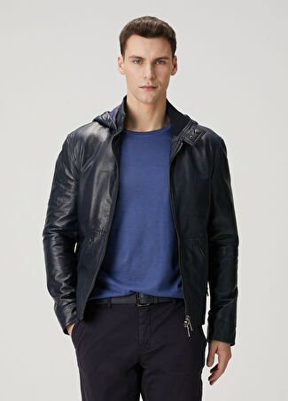 Pal Zileri Erkek Lacivert Kapüşonlu Deri Ceket 50 It