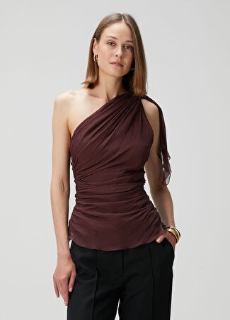 Victoria Beckham Kadın Bordo Drapeli İpek Bluz 8 Us