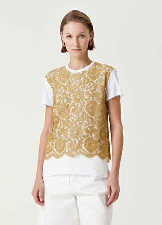 Valentino Kadın Beyaz Gold Dantel Garnili T-Shirt S