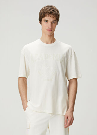 Academia Erkek Kırık Beyaz Palmiye Baskılı Logo Detaylı T-Shirt Xs