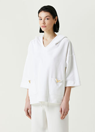 Valentino Kadın Beyaz Kapüşonlu Logolu Sweatshirt Xs