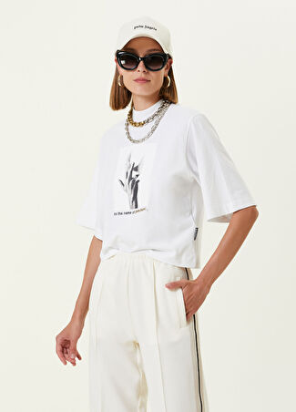 Palm Angels Kadın Beyaz Dik Yaka Baskılı T-Shirt Xs
