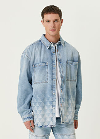 Marcelo Burlon Erkek Mavi Desenli Denim Gömlek M