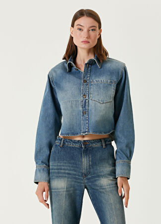 Victoria Beckham Kadın Mavi Crop Denim Gömlek 10 Us