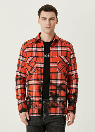 Philipp Plein Erkek Turuncu Ekose Desenli Logolu Gömlek M