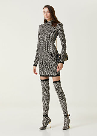 Balmain Kadın Monogram Siyah Beyaz Midi Yün Triko Etek 34 Fr