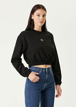 Ck Jeans Kadın Siyah Logolu Crop Sweatshirt L