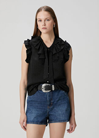 Zadig&voltaire Kadın Siyah Fırfırlı Logo Jakarlı İpek Bluz Xs