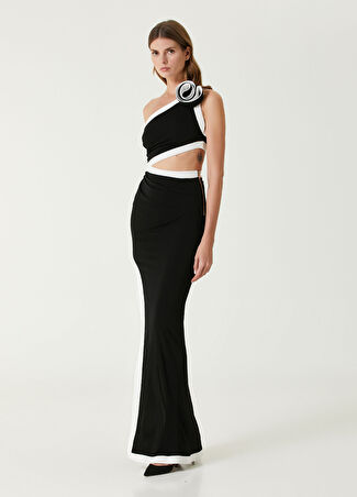 Balmain Kadın Siyah Beyaz Asimetrik Maksi Abiye Elbise 34 It