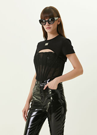 Dolce&gabbana Kadın Siyah Kesim Detaylı Logolu T-Shirt 42 It