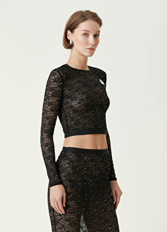 Alessandra Rich Kadın Siyah Crop Dantel Bluz 42 It