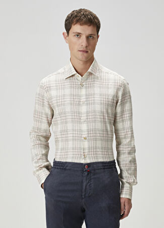 Kiton Erkek Gül Kurusu Ekose Desenli Keten Gömlek Bordo 40 It -1