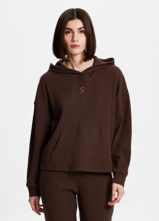Bassigue Kadın Kahverengi Waffle Bol Kesim Kapüşonlu Sweatshirt M -1