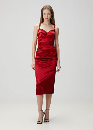 Dolce&gabbana Kadın Kırmızı Midi Saten Kokteyl Elbise Bordo 40 It