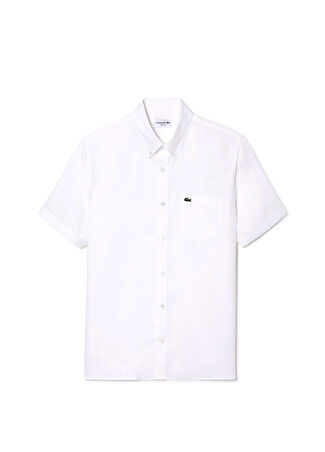 Lacoste Erkek Beyaz Keten Düğmeli Yaka Regular Fit Kısa Kollu Gömlek 43 -1