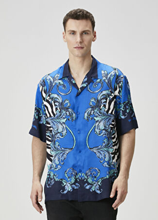 Versace Jeans Couture Erkek Mavi Barok Desenli Kısa Kollu Gömlek 48 It