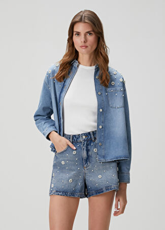 Maje Kadın Carla Mavi İşlemeli Denim Gömlek T3 It -1