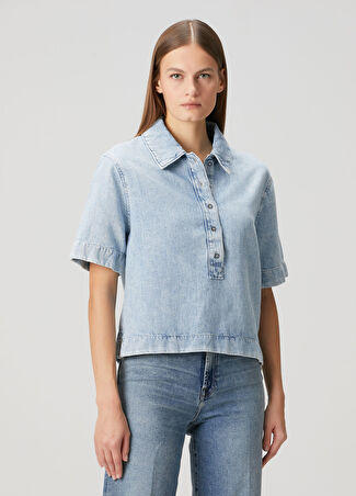 7 For All Mankind Kadın Mavi Kısa Kol Denim Gömlek S