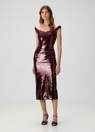 Roland Mouret Kadın Bordo Payetli Midi Kokteyl Elbise 8 Uk