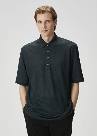 Zegna Erkek Lacivert Polo Yaka Keten T-Shirt 48 It